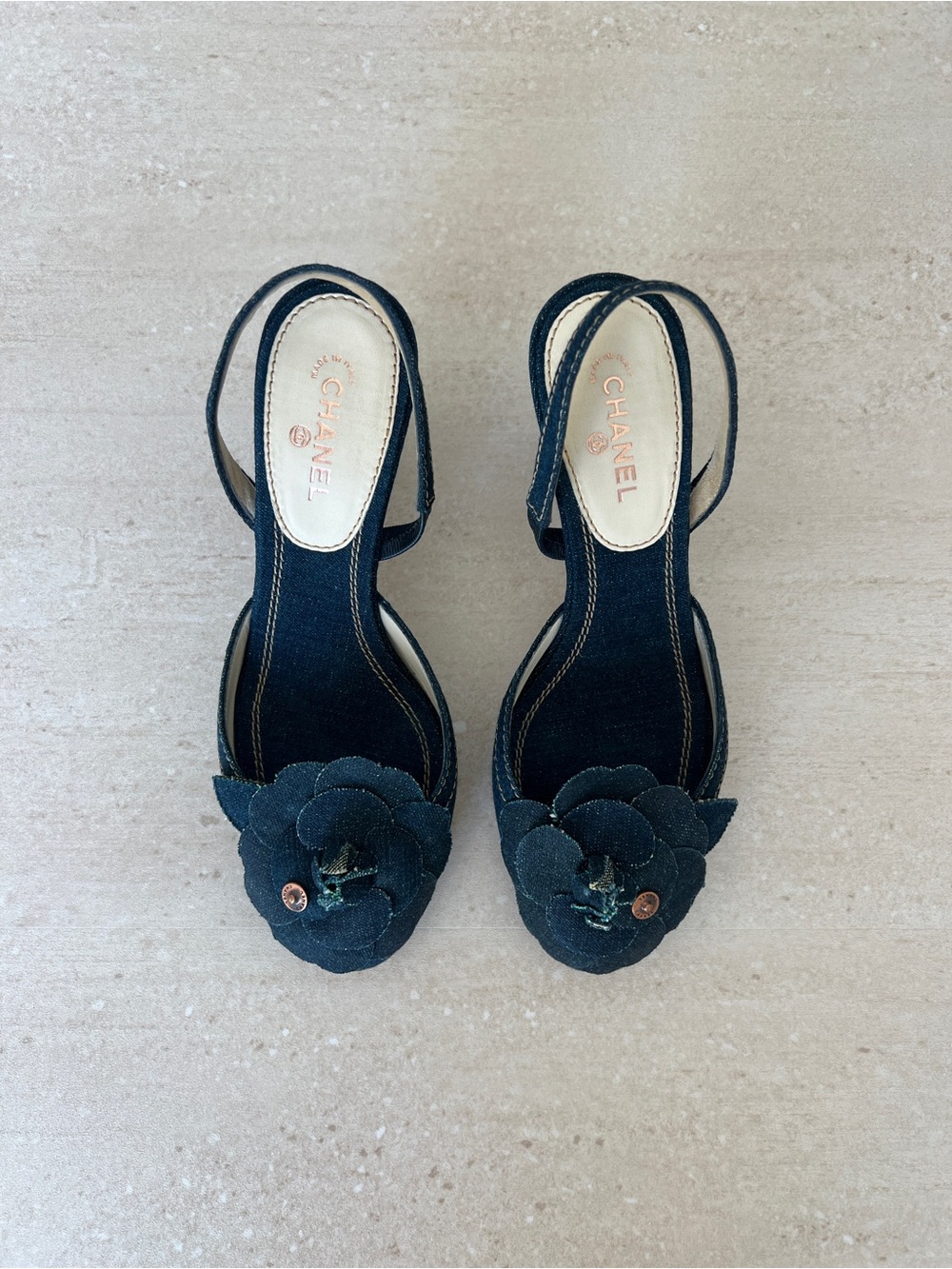 CHANEL Navy Denim Camellia Slingback Heels